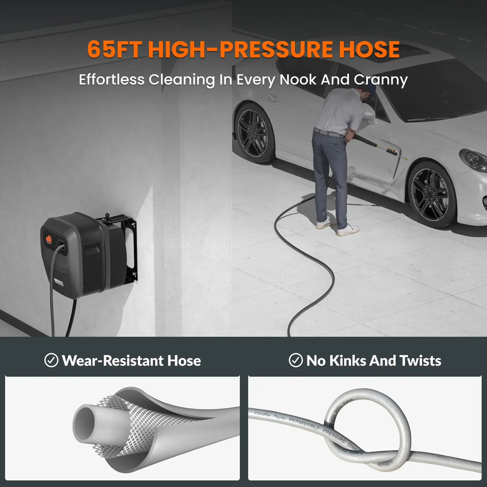 Retractable Pressure Washer G20 2400 PSI 2.0 GPM with 65FT Hose Reel, 4 Nozzles for Floor, Cars, Patios & More