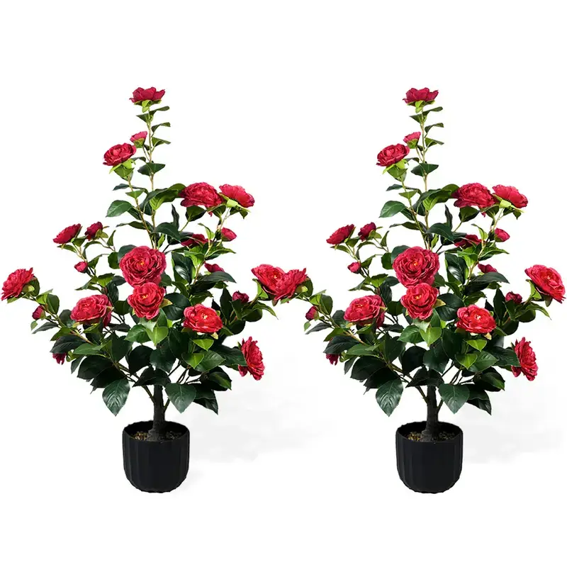 2 Pcs 3-foot Camellia Tree with Decorative Pebbles, Flower Pot, 24 Realistic Flowers, 188 Leaves for Indoor, outdoor courtyard Home Decor