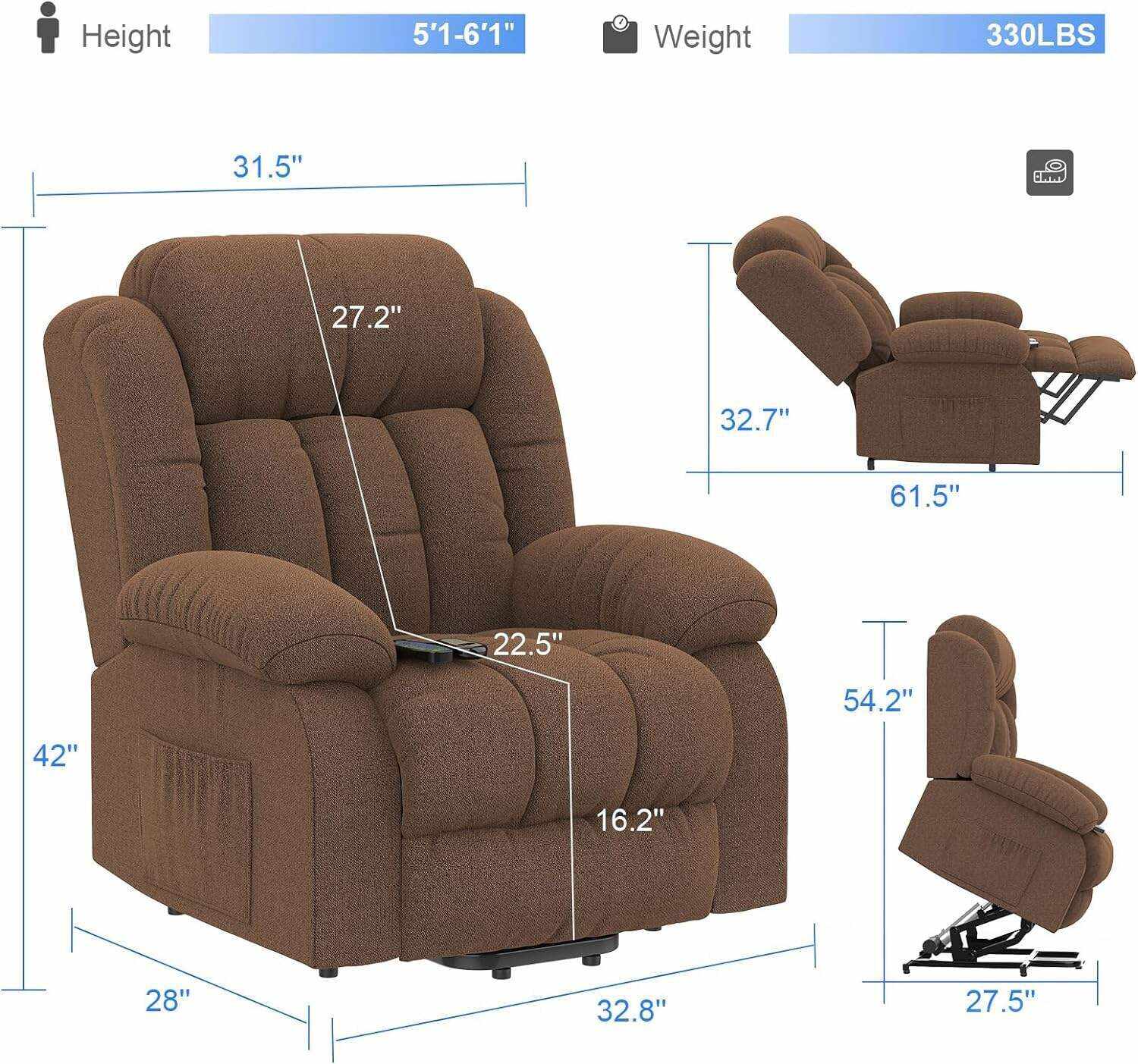 YONISEE Lar2ge Lift Chairs Recliner for Elderly - Power Fabric Lift Chair Modern with Massage and Heat, Extended Footrest, 3 Positions, 2 Side Pockets, and Cup Holders, USB Ports, Coffee Color
