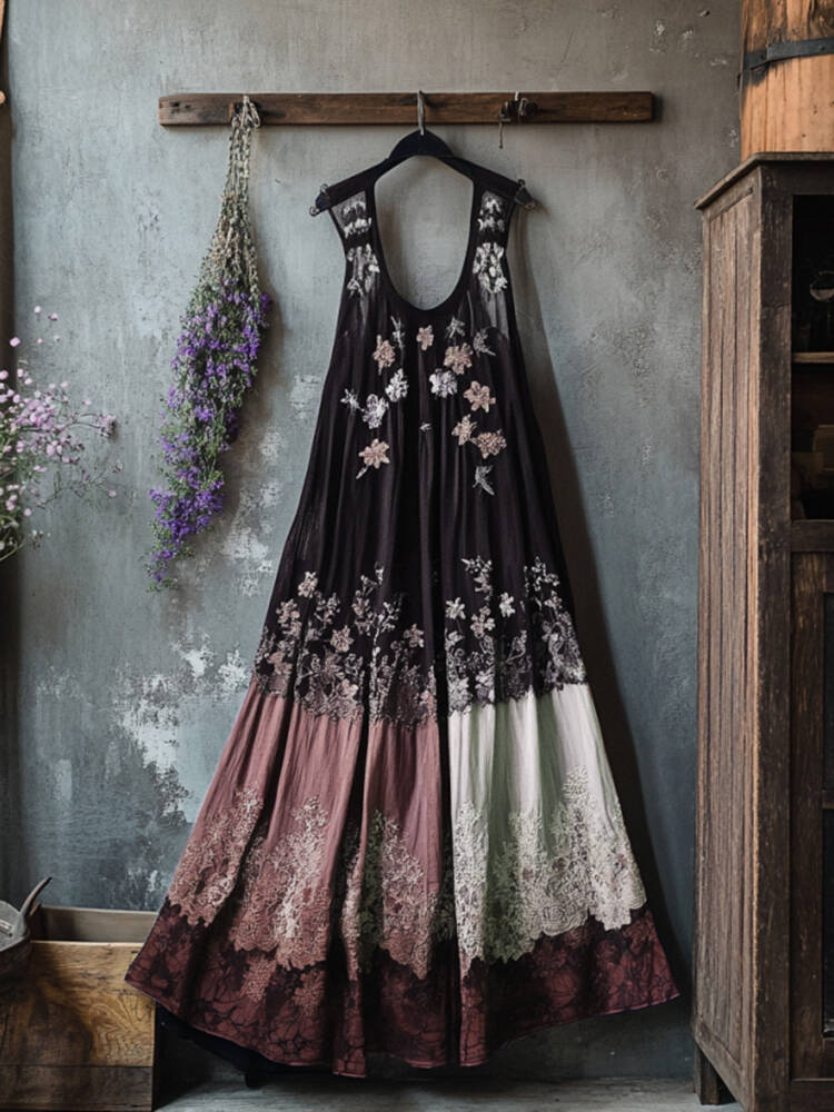 Boho Floral Embroidered Pattern Lace Patchwork Contrast Color Art Linen Dress