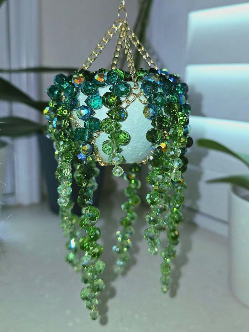 Small Ceramic Pot Beaded Plant Suncatcher with Gold Chain Hanger - Longer Strands