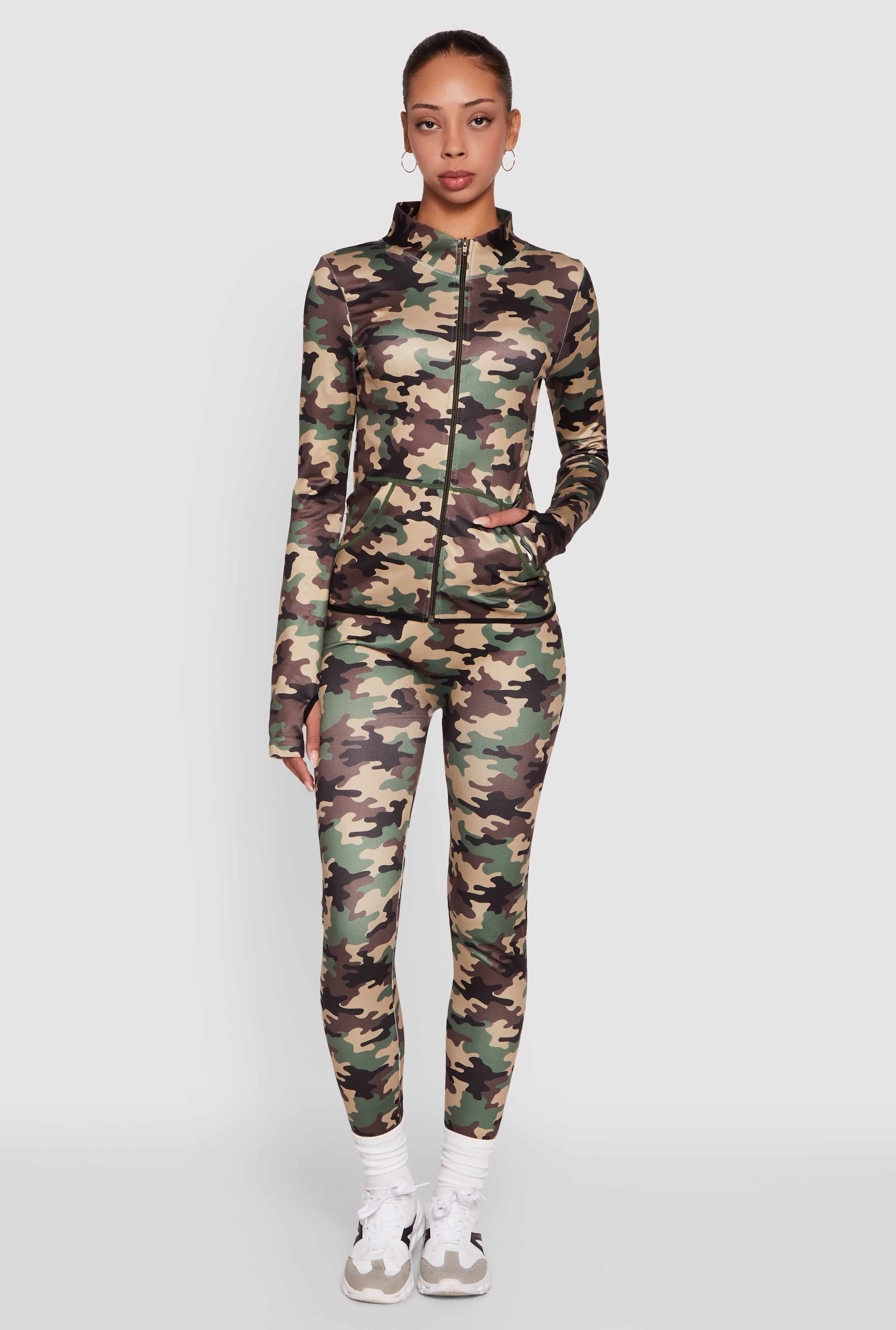 Camouflage Mock Neck Jacket with Thumb Holes