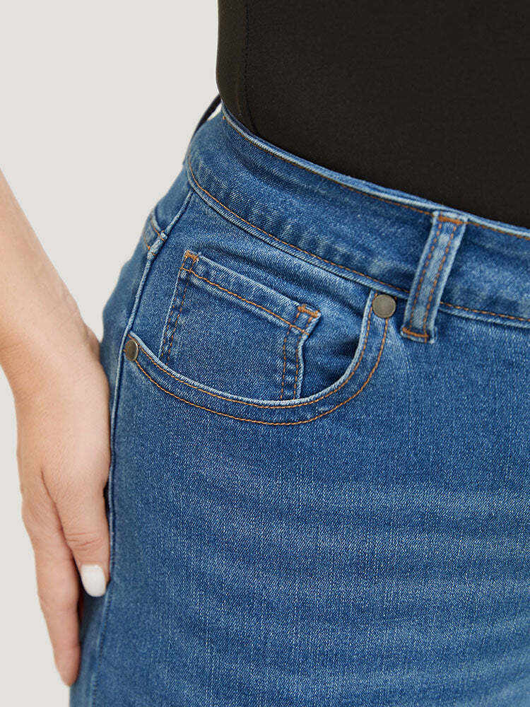 Bootcut Very Stretchy High Rise Medium Wash Distressed Hem  Jeans