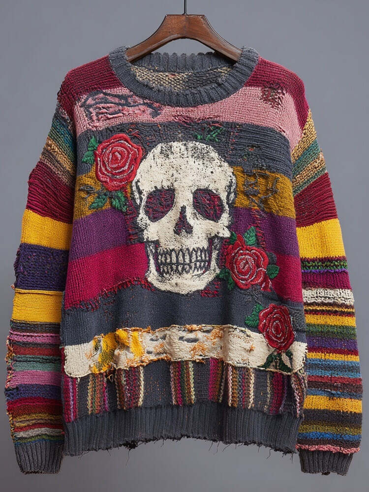 Halloween Skull & Roses Embroidered Patchwork Knitted Sweater