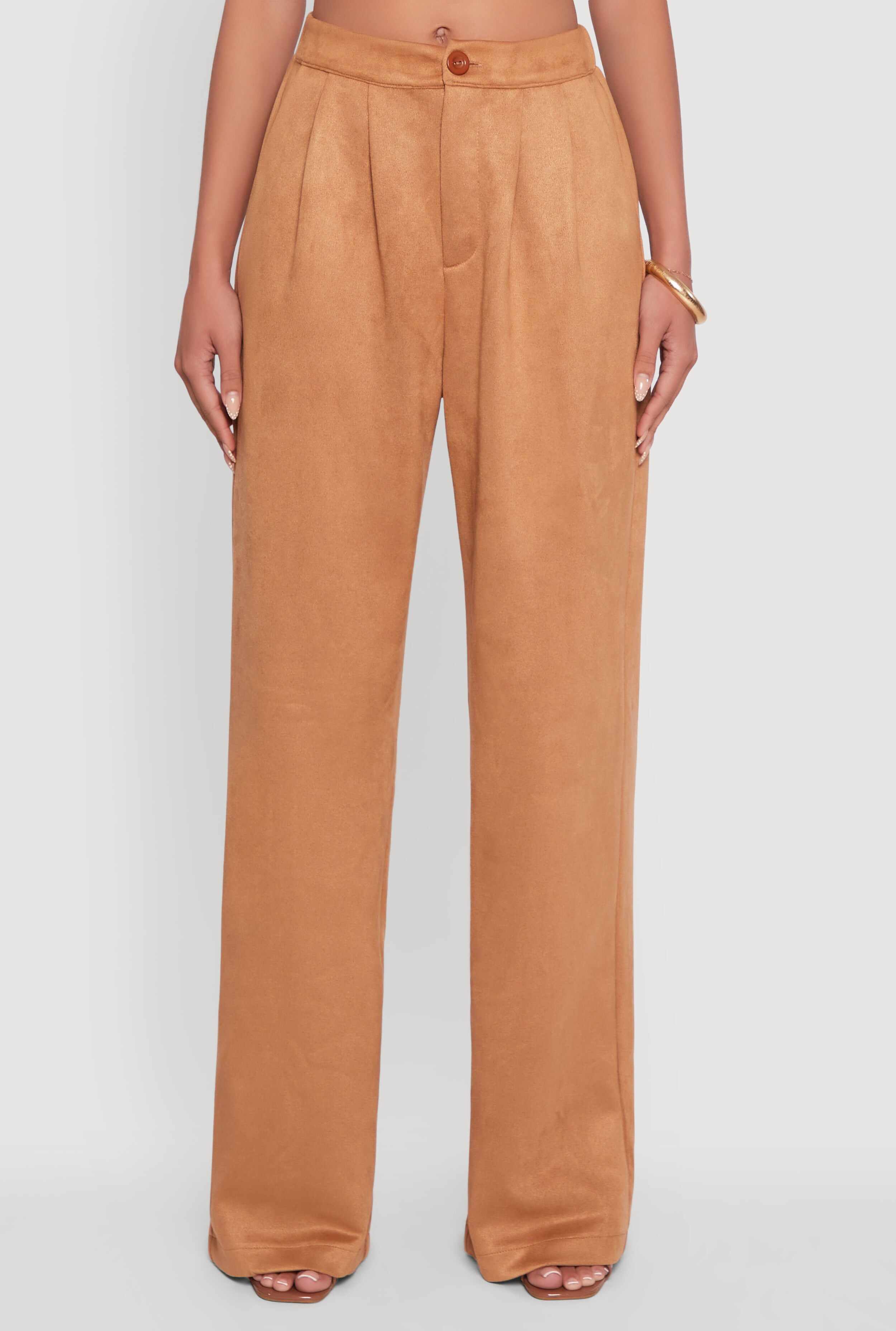 Faux Suede High Waist Pleated Dress Pants