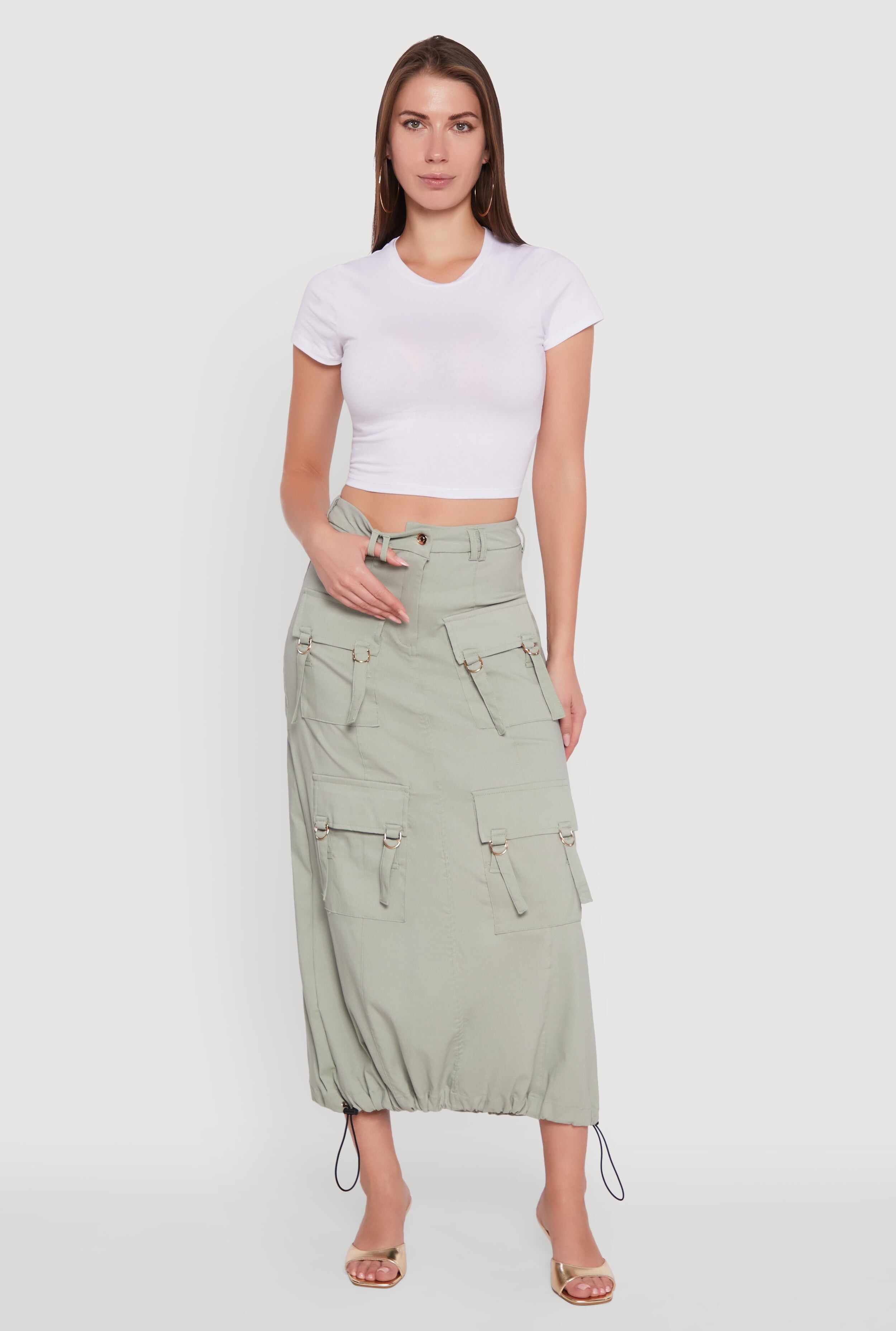 High Waisted Solid Maxi Skirt with Cargo Pockets