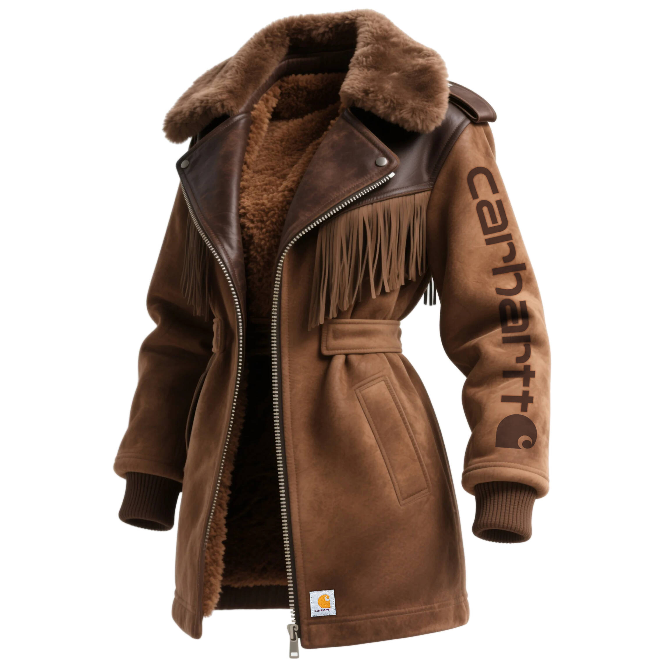 Carhartt Women's Retro Western Style Suede Contrast Color Stitching Tassel Lapel Coat Wool Lined Thickened Jacket