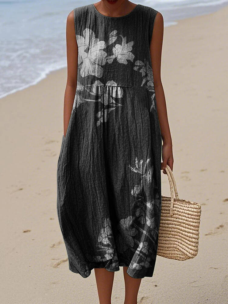 Vintage Loose Floral Art Linen Tank Dress