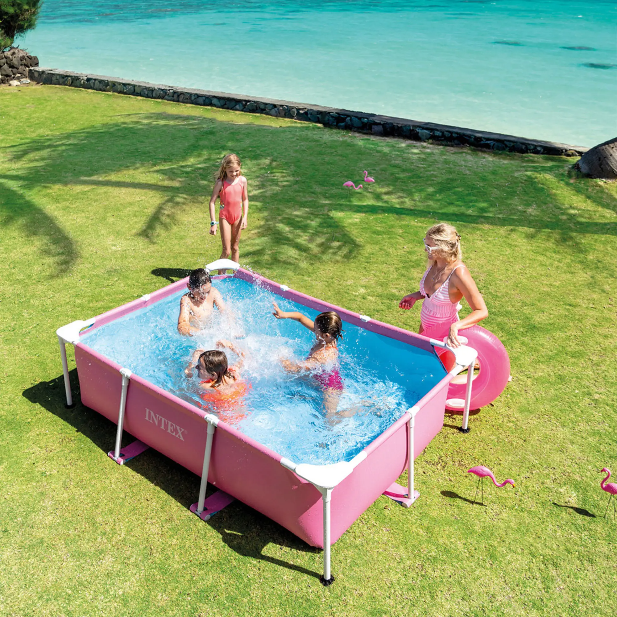 Outdoor Rectangular/Round Frame Above Ground Swimming Pool, Pink/Blue 23-30 Inches Deep (pump not included)