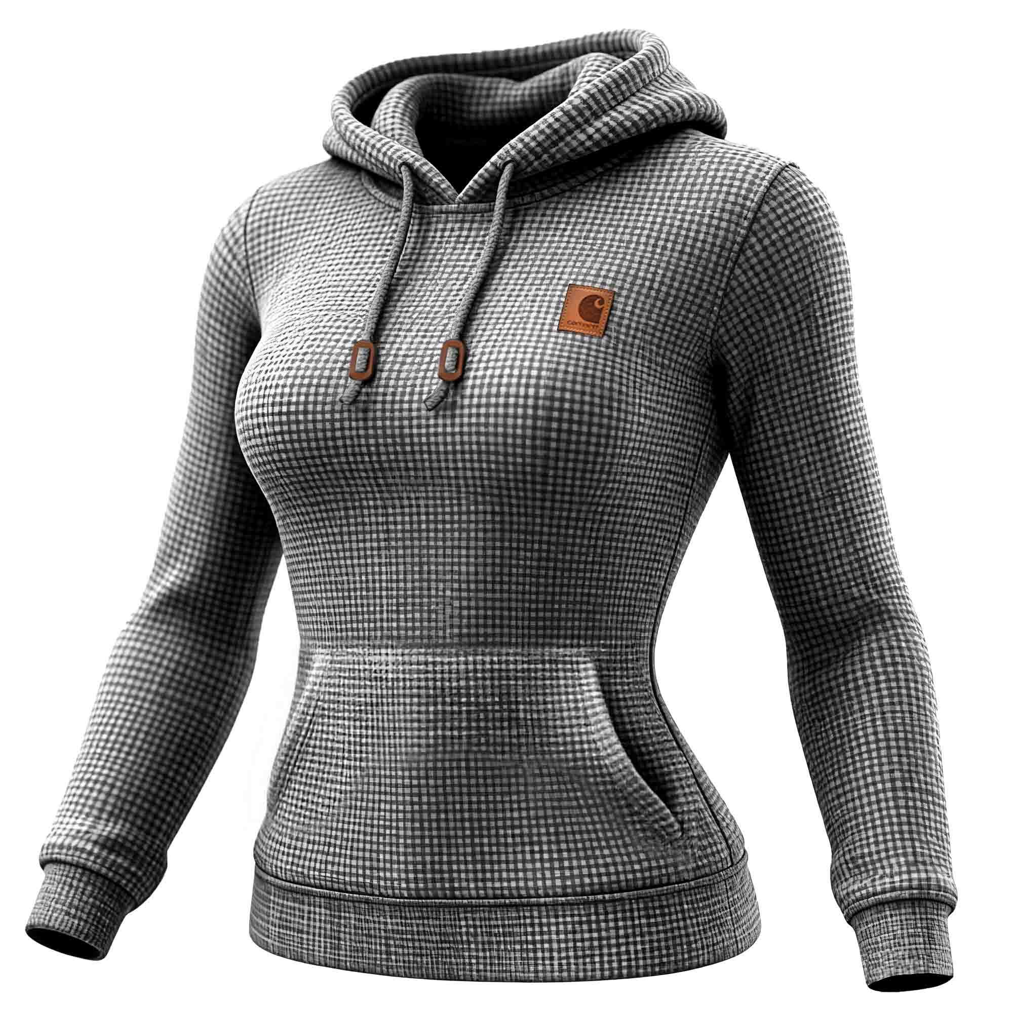 Women's Vintage Floral Gray Waffle Knit Pocket Long-Sleeved Hoodie