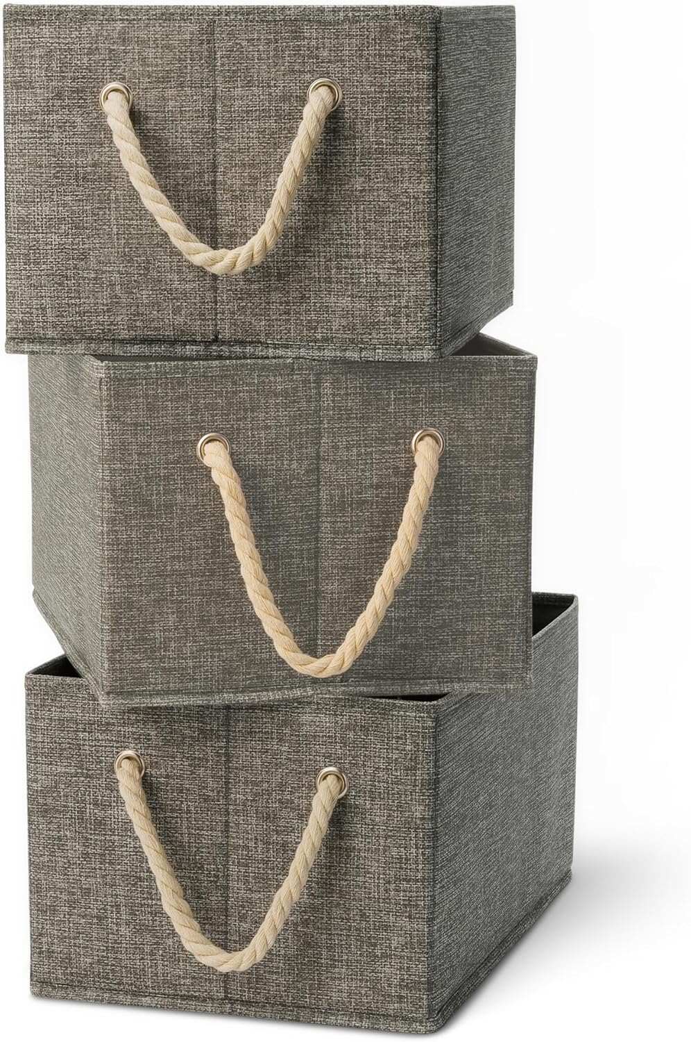 Amazon Basics Foldable Storage Bins with Rope Handles, Closet Organizers, Storage Baskets for Organizing, Large, Charcoal, 3-Pack