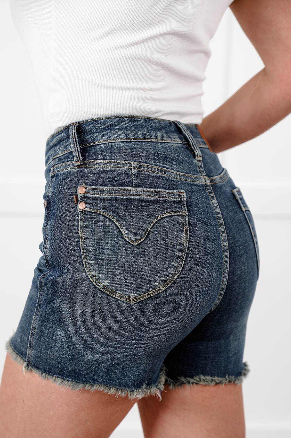 🔥2025 Hot Trend🔥Judy Dark Wash Tummy Control Fray Hem Shorts with Shield Back Pockets
