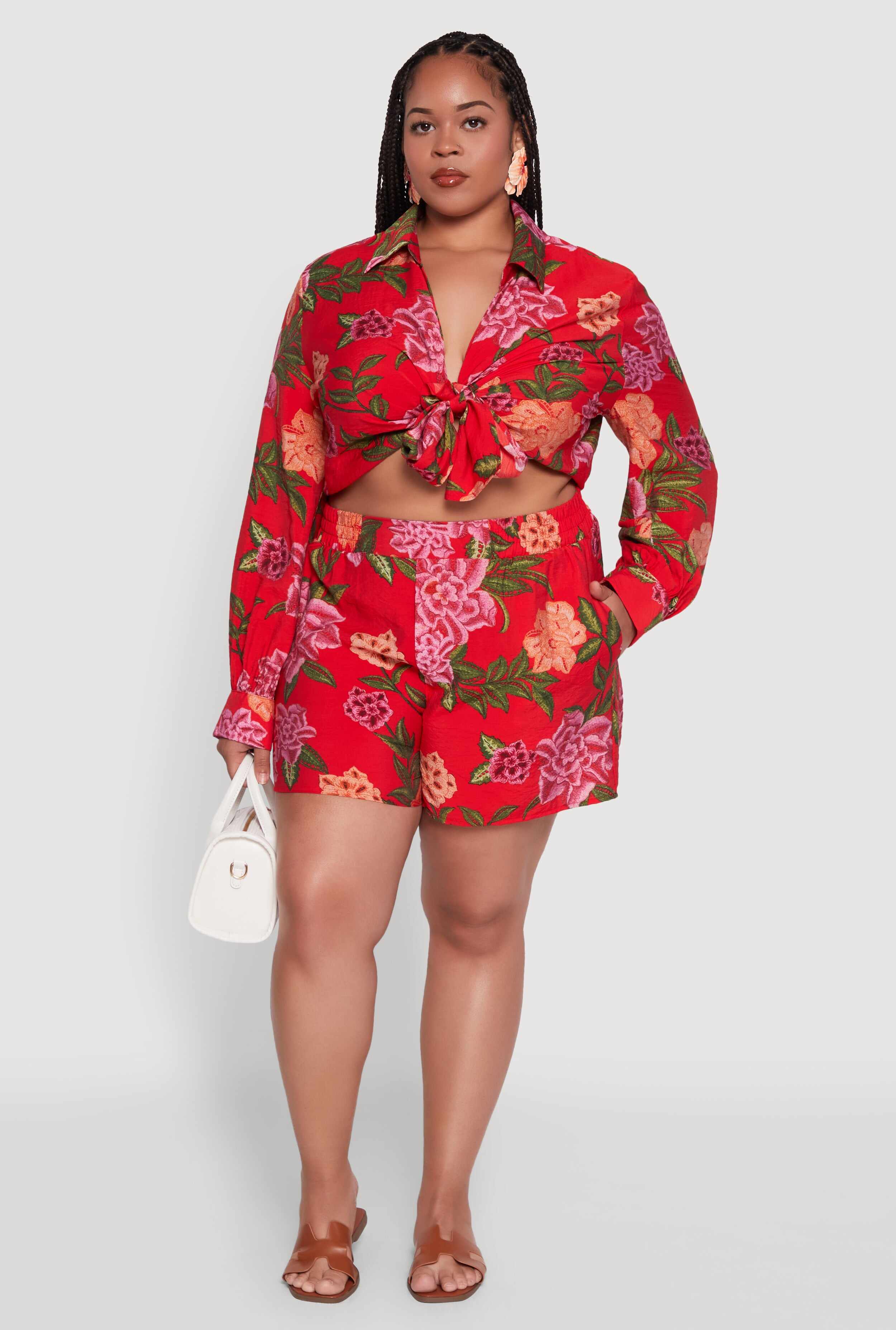 Plus Size Floral High Waisted Pull On Shorts