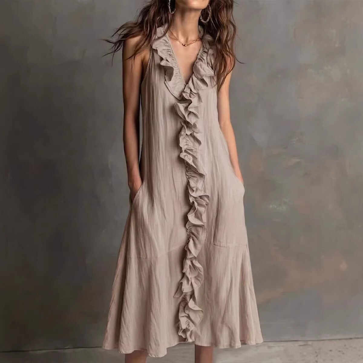🌿 Ruffle V-Neck Sleeveless Midi Dress