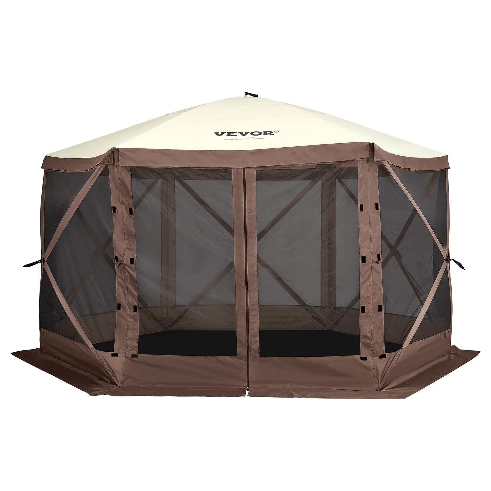 Camping Gazebo Screen Tent, 12*12ft, 6 Sided Pop-up Canopy Shelter Tent with Mesh Windows, Portable Carry Bag, Stakes, Large Shade Tents for Outdoor Camping, Lawn and Backyard, Brown/Beige