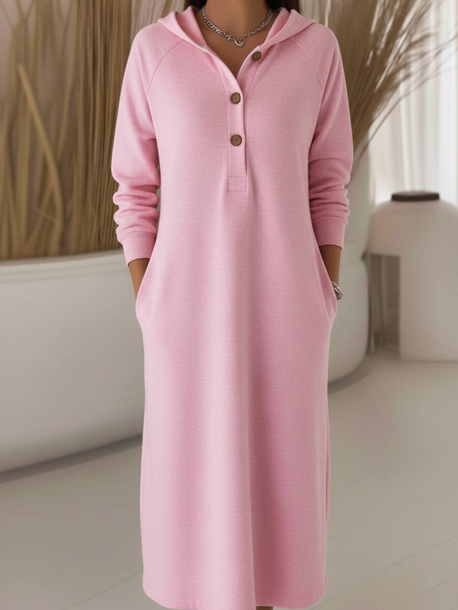 Women's Casual Loose Hooded Button Sweatshirt Dress