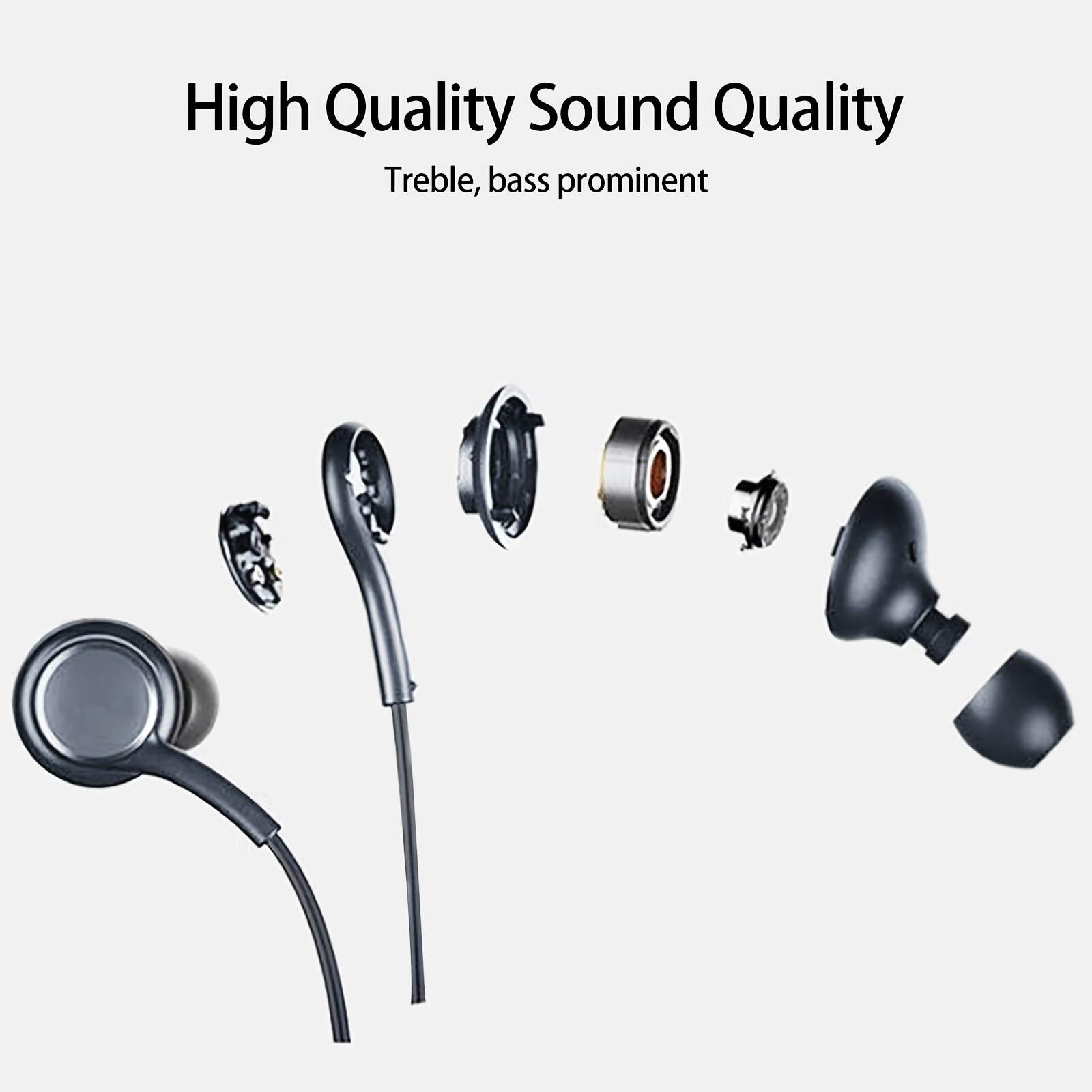 Black In-Ear Earbuds with Cable Control, C-Shaped Flat Head & Design - Comfort Fit for Running, Gaming, Sports, 3.5mm Jack, Call Noise Cancellation, USB Charging, 100cm Tangle-Free Cable