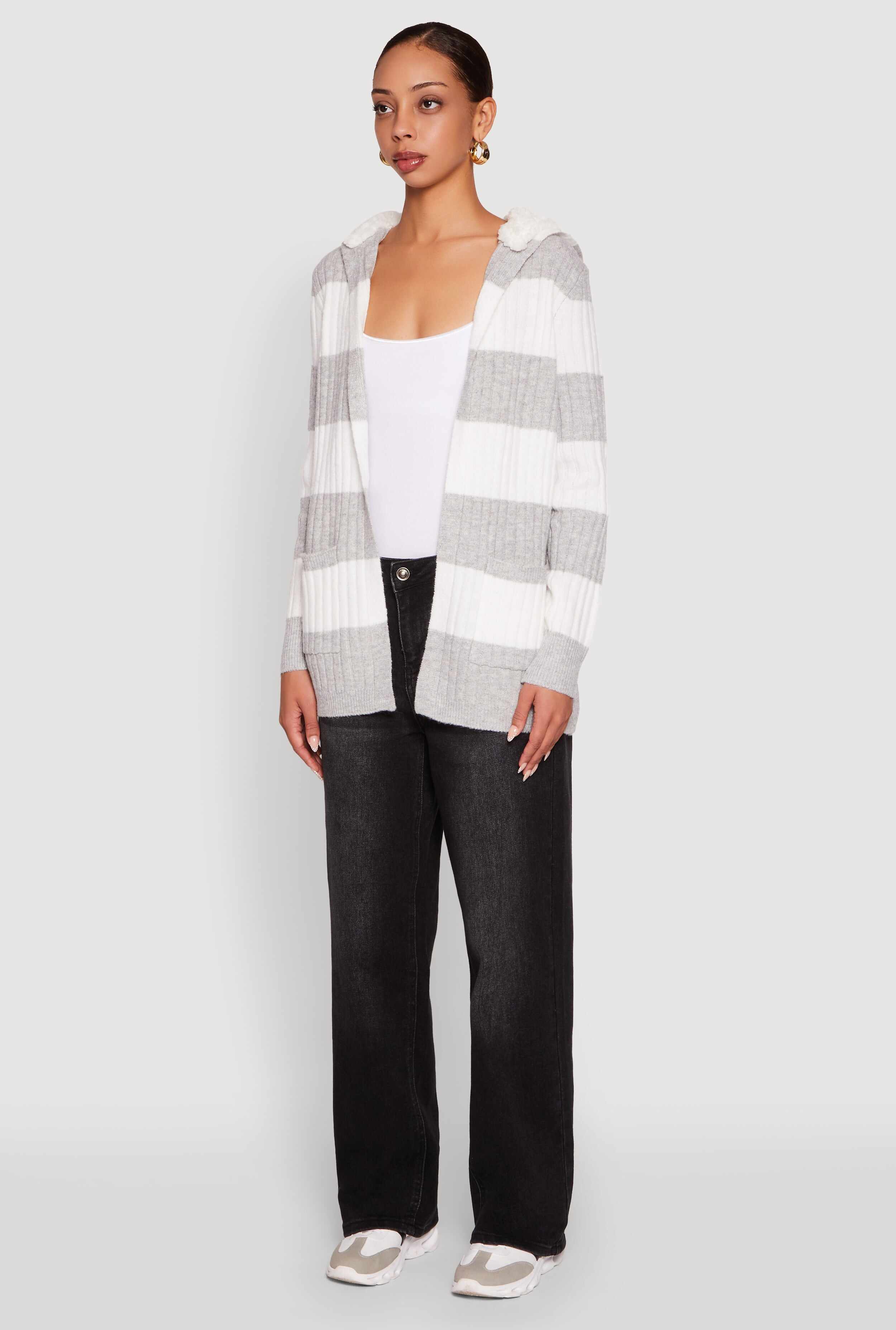 Madden Girl Striped Sherpa Lined Hooded Cardigan