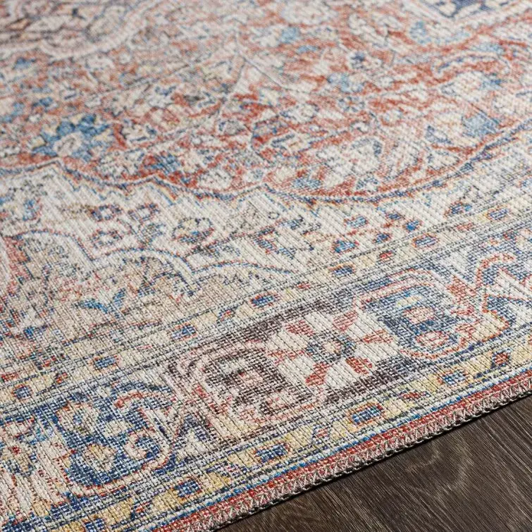 Bria Machine Washable Oriental Red/Blue/Ivory Area Rug