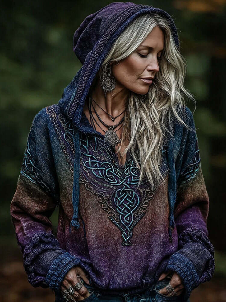 Women's Viking Celtic Knot Art Knitted Warm Hooded Sweater