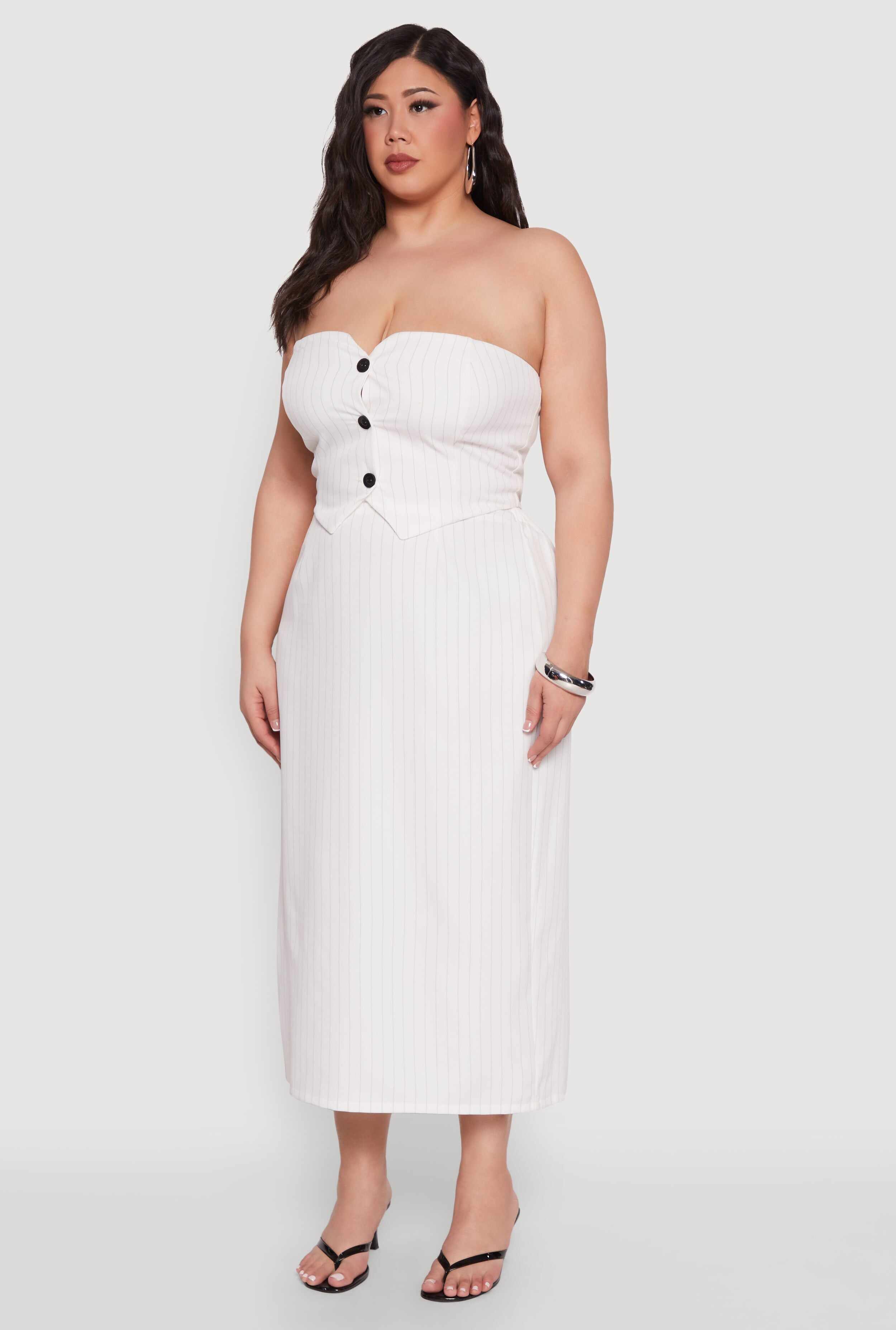Plus Size Pinstripe Button Front Strapless Top
