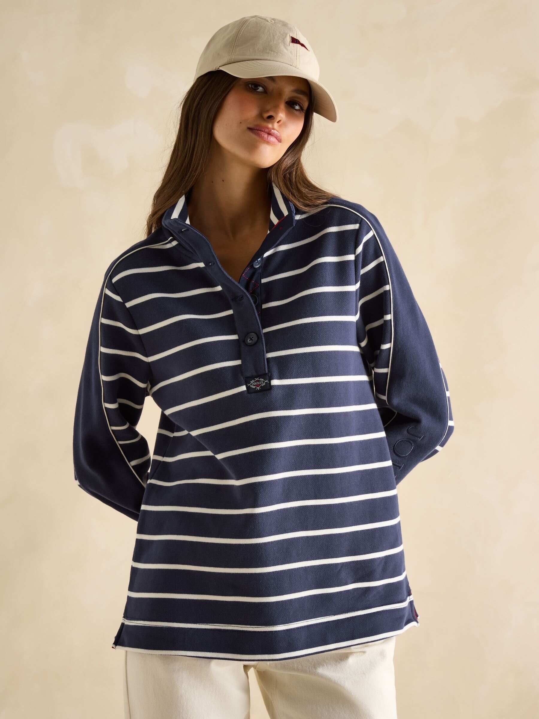 Southwold Navy Blue & Cream Cotton Button Down Striped Sweatshirt