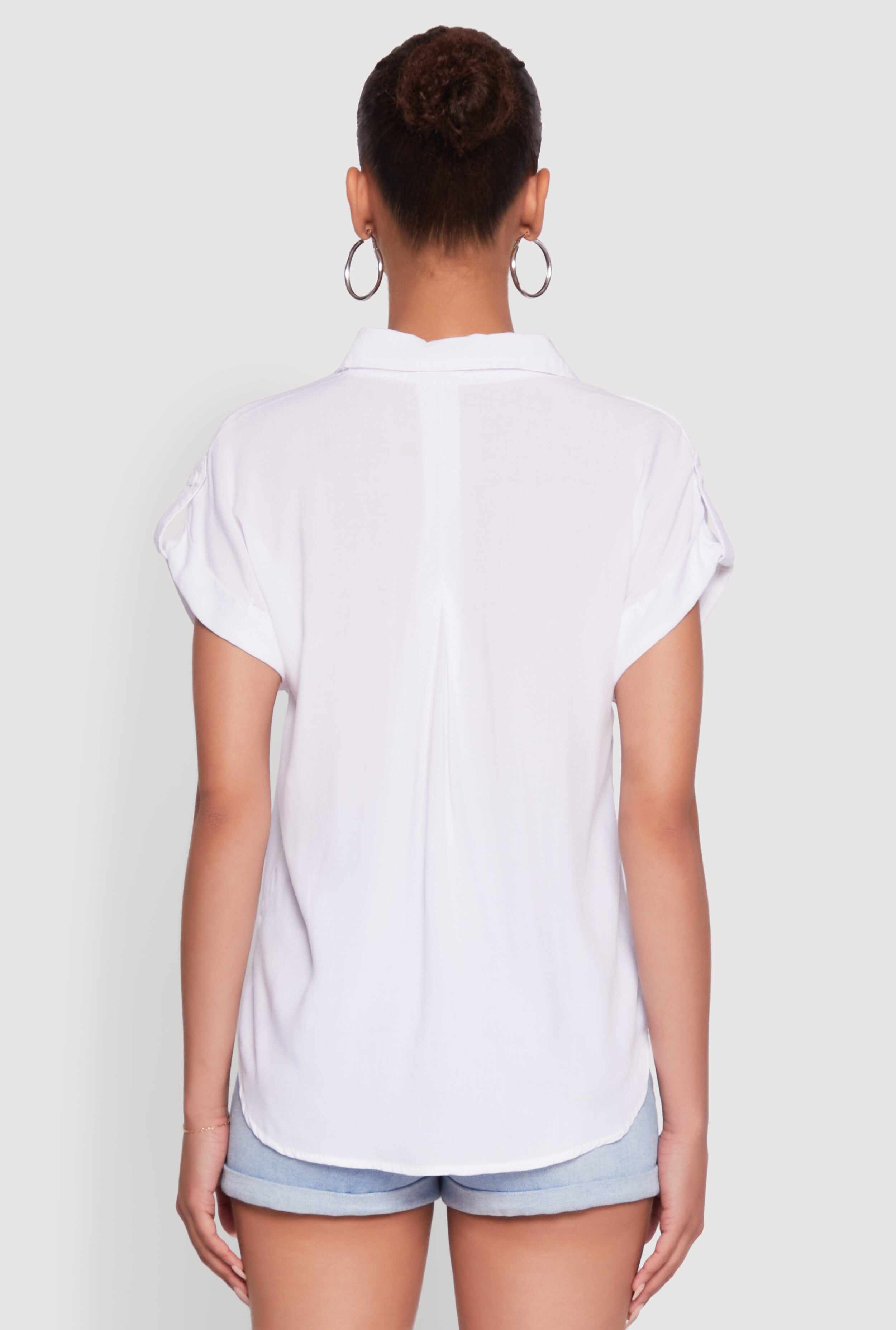 Trendy Tabbed Short Sleeve Collared Blouse