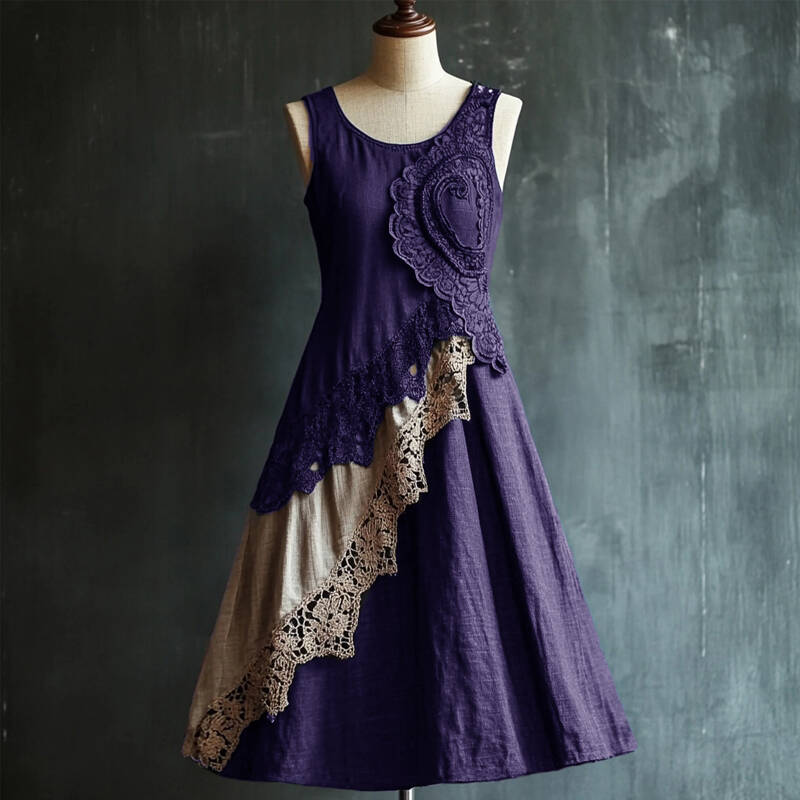 Retro Elegant Lace Patchwork Linen Tank Dress