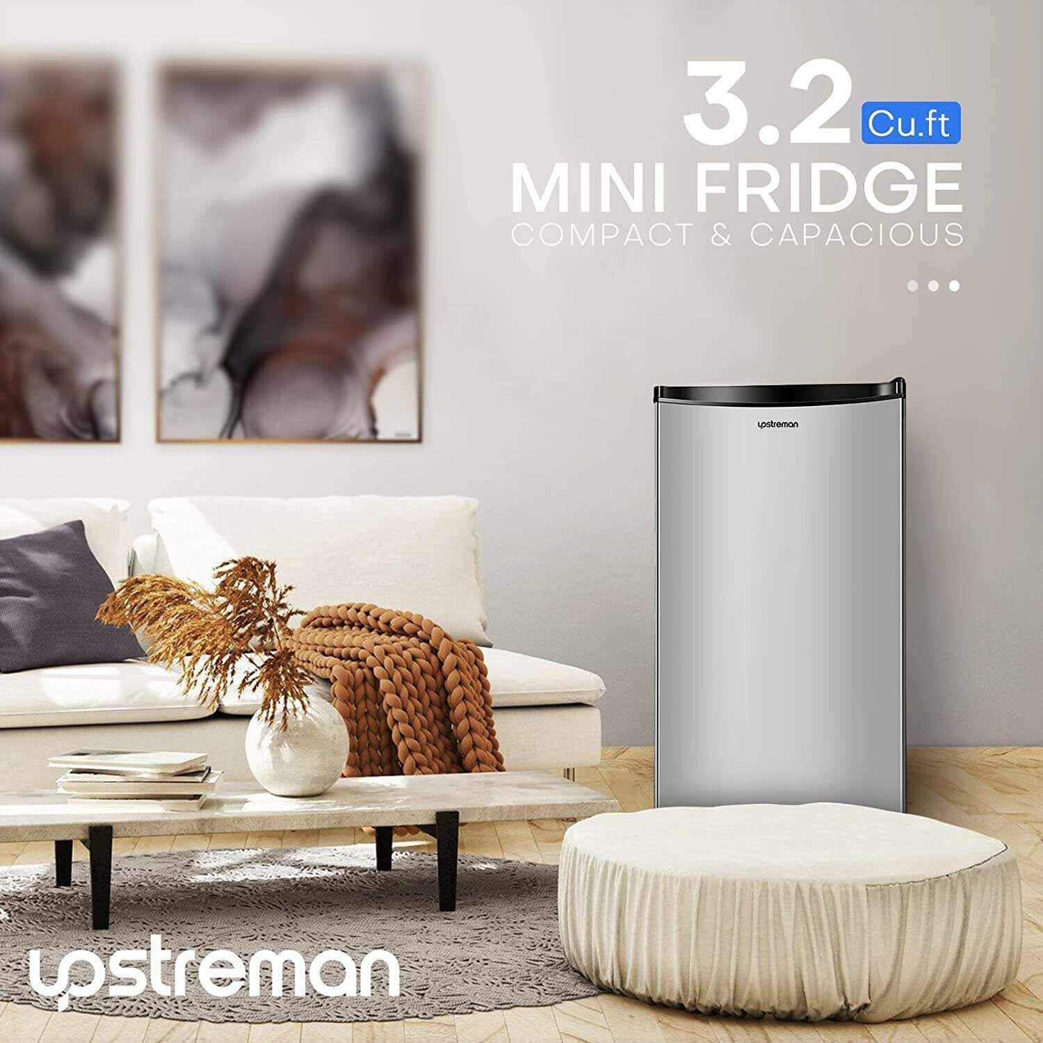 Upstreman 3.2 Cu.Ft Mini Fridge with Freezer, Single Door, Adjustable Thermostat, Refrigerator for Dorm, Office, Bedroom, Black-BR321