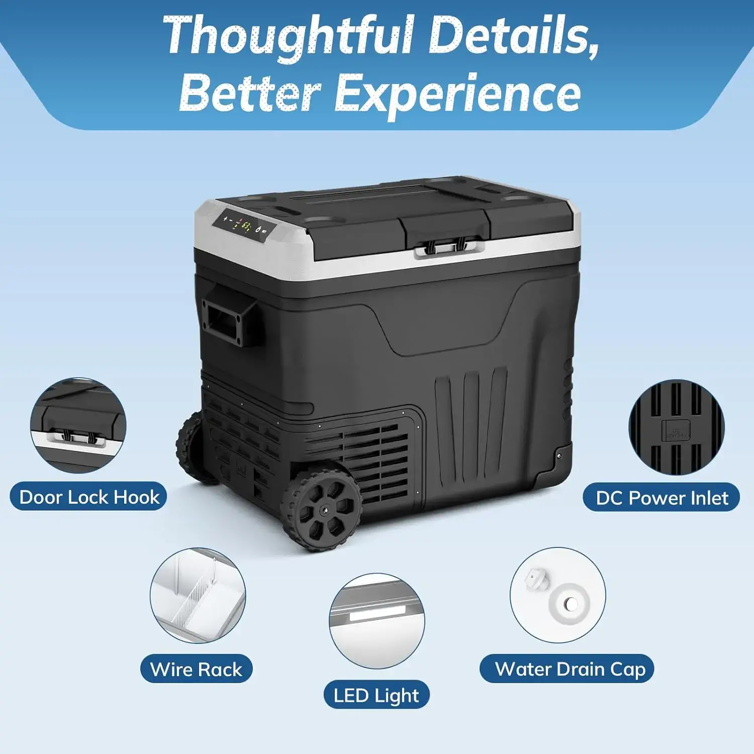 12V Portable Car Refrigerator, 23L/35L/50L Available, Dual DC 12V/24V & AC 110-240V Power Supply, Cooling Range -4°F to 68°F, Built-in Wheels & 2 Storage Baskets, Compact Fridge for RV, Truck, Travel & Boat