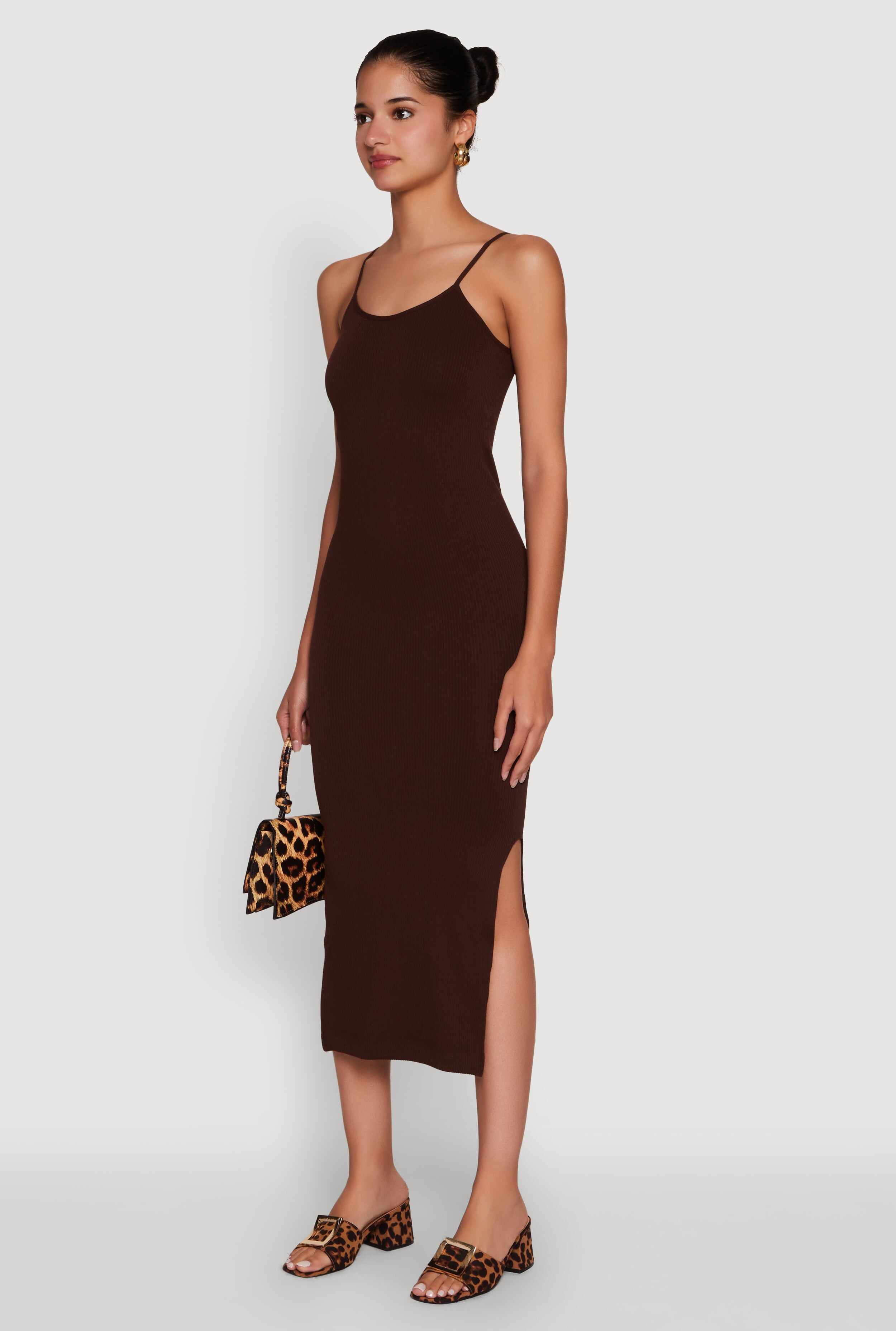 Trendy Ribbed Knit Side Slit Midi Dress