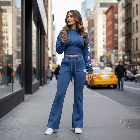 Women's Blue Cropped Shirred Waist Hoodie And Wide-Leg Pants Set