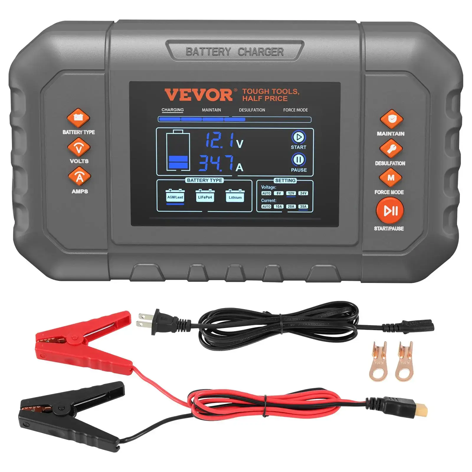 Smart Battery Charger, 35-Amp, Lithium LiFePO4 Lead-Acid (AGM / Gel / SLA) Car Battery Charger with LCD Display, Trickle Charger Maintainer Desulfator for Boat Motorcycle Lawn Mower Deep Cycle