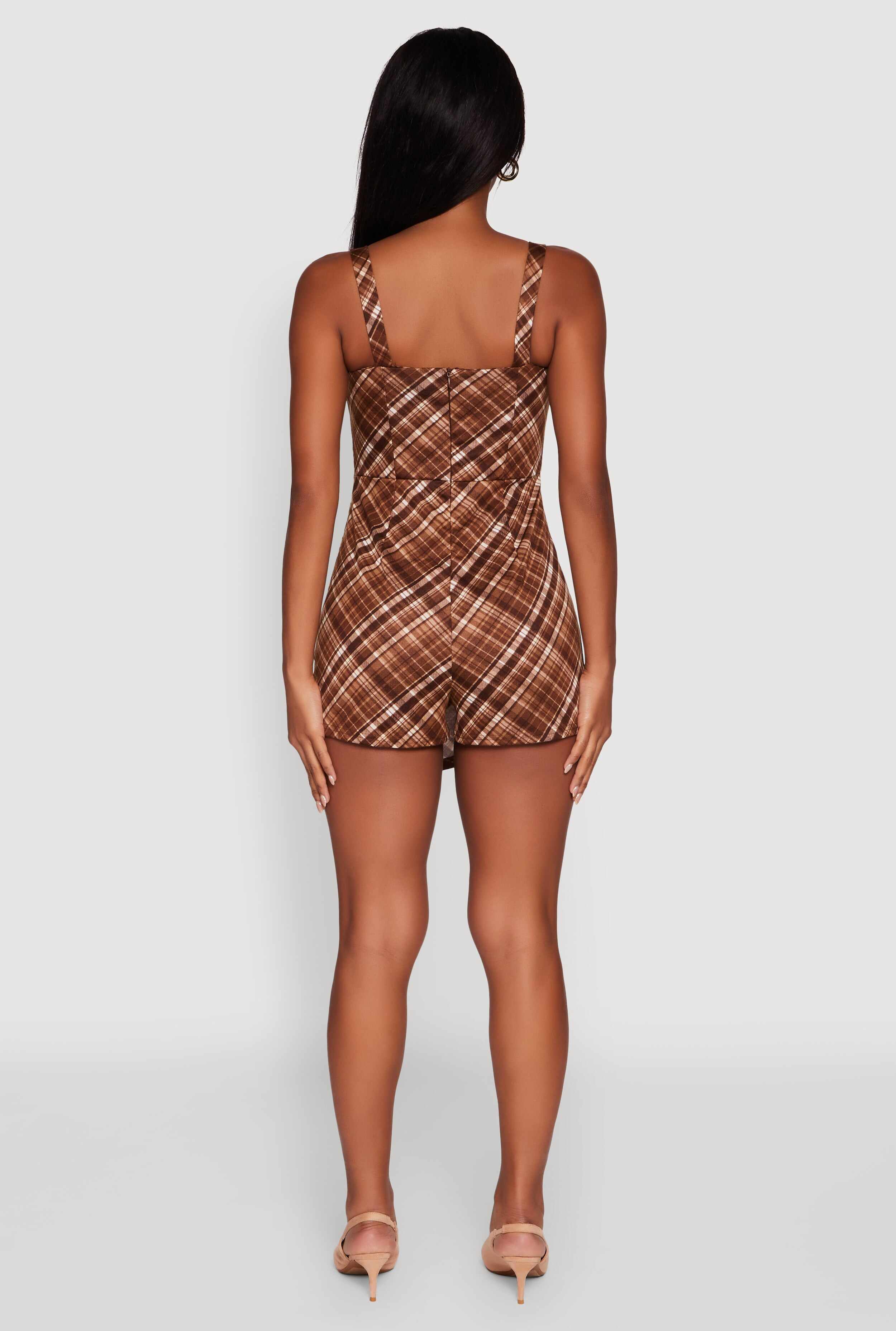 Plaid Square Neck Sleeveless Romper