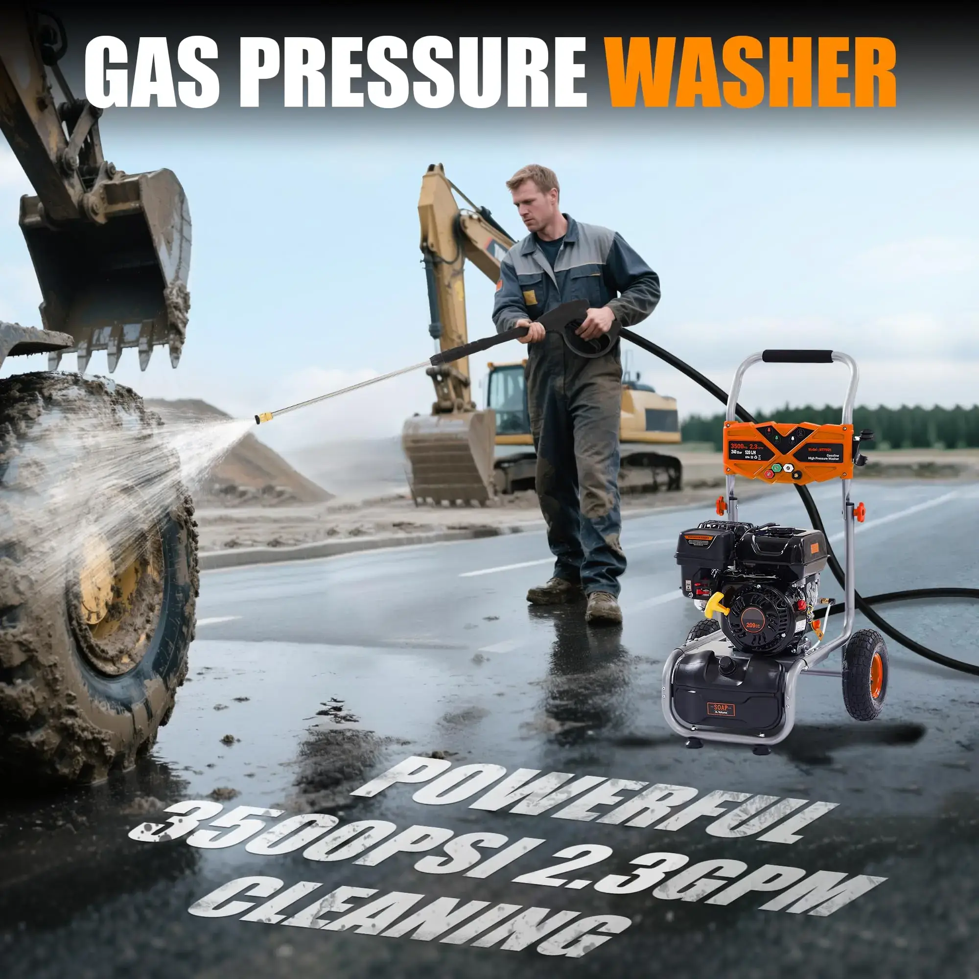 Gas Powered Pressure Washer 3500 PSI, 2.3 GPM Heavy Duty High Power Washer,209CC 7HP Engine with 25Ft Pressure Hose, Axial Aluminum Pump, Soap Tank, 4 Quick Connect Nozzle