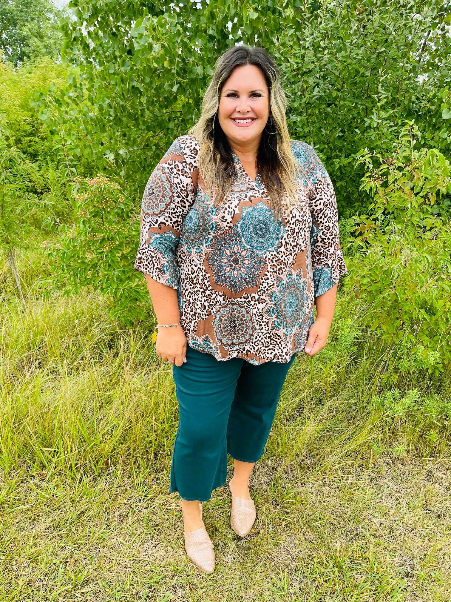 Plus/Reg Bright As A Button Fly Wide Leg Teal Jeans
