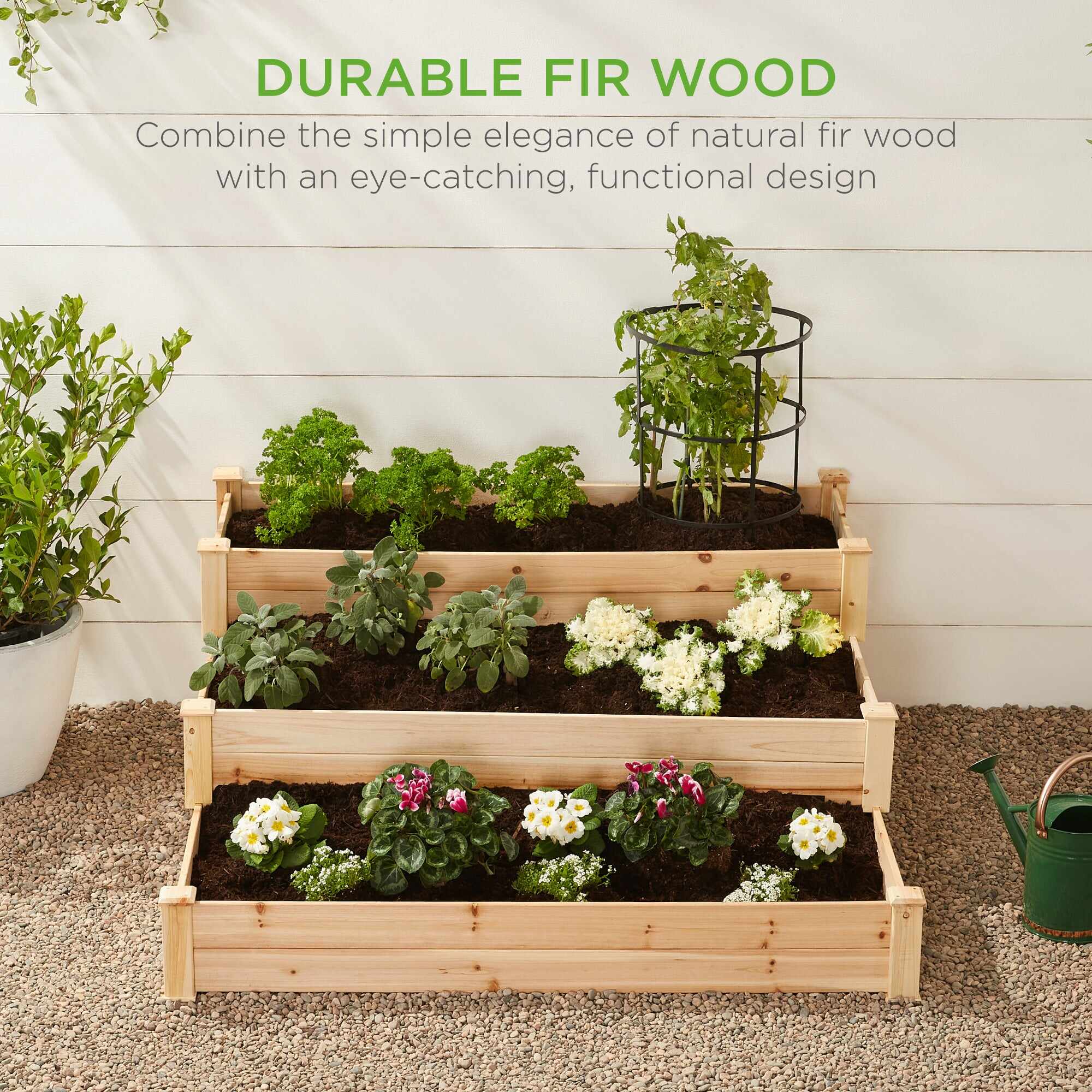 3-Tier Raised Fir Wood Garden Bed Planter w/ Stackable & Flat Setup