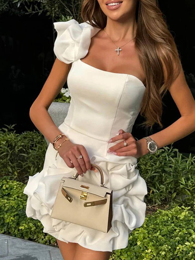 Graduation Season Ruffled Flower Pod Waisted Sheath Dress
