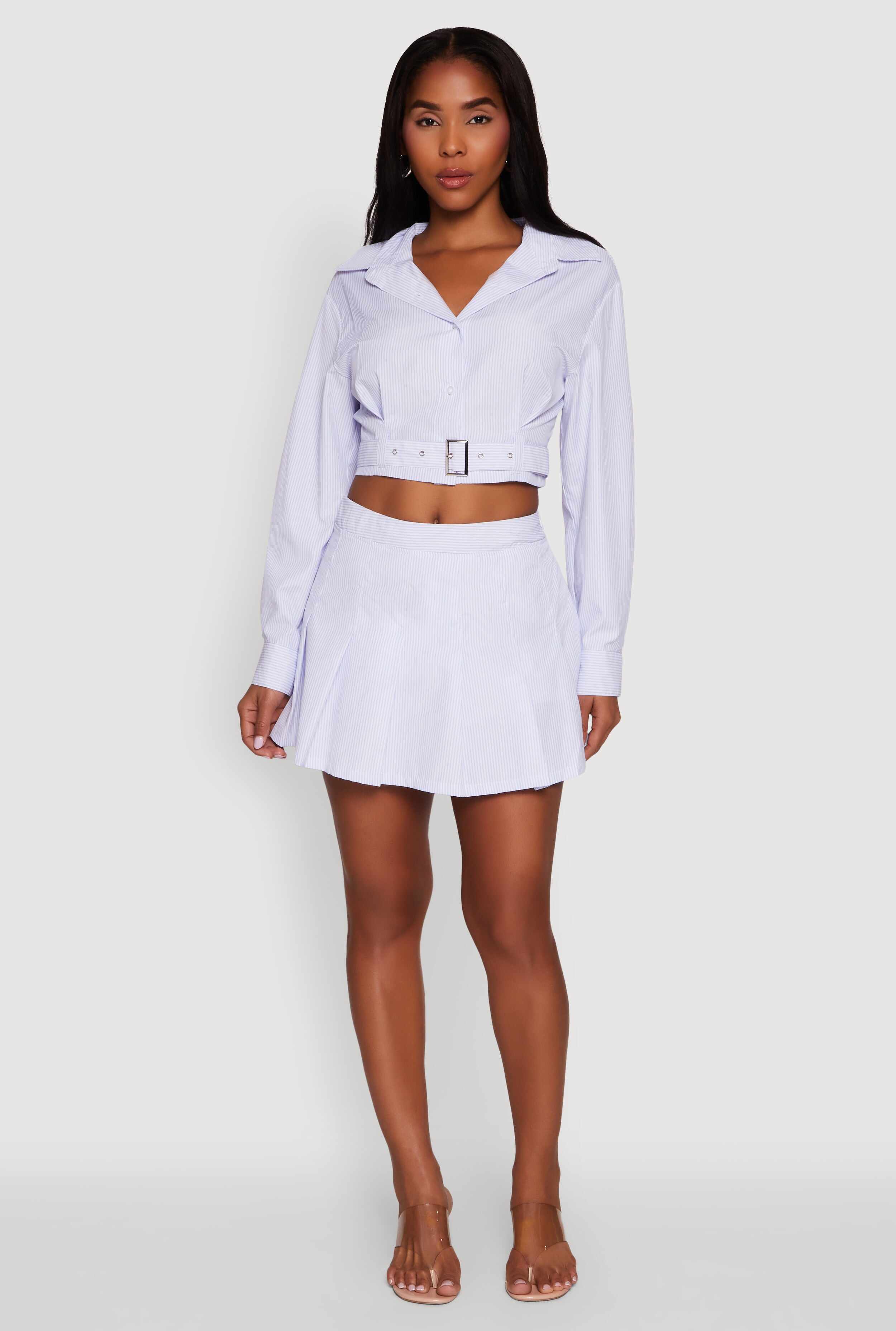 Striped Cropped Button Front Shirt with Belt