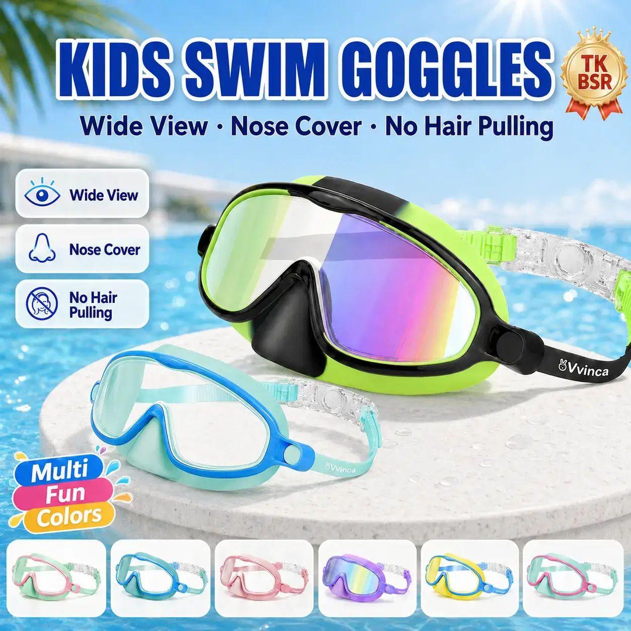Swim Goggles 2 Pcs with Nose Cover for Ages 3-12+ Kids,Youth,UV Protection Anti-Fog Wide View Anti-Shattered Lens for Boys and Girls - Safety anti-uv swim glass anti-fog swimming goggles for Outdoor, Lake,Beach, Summer Party