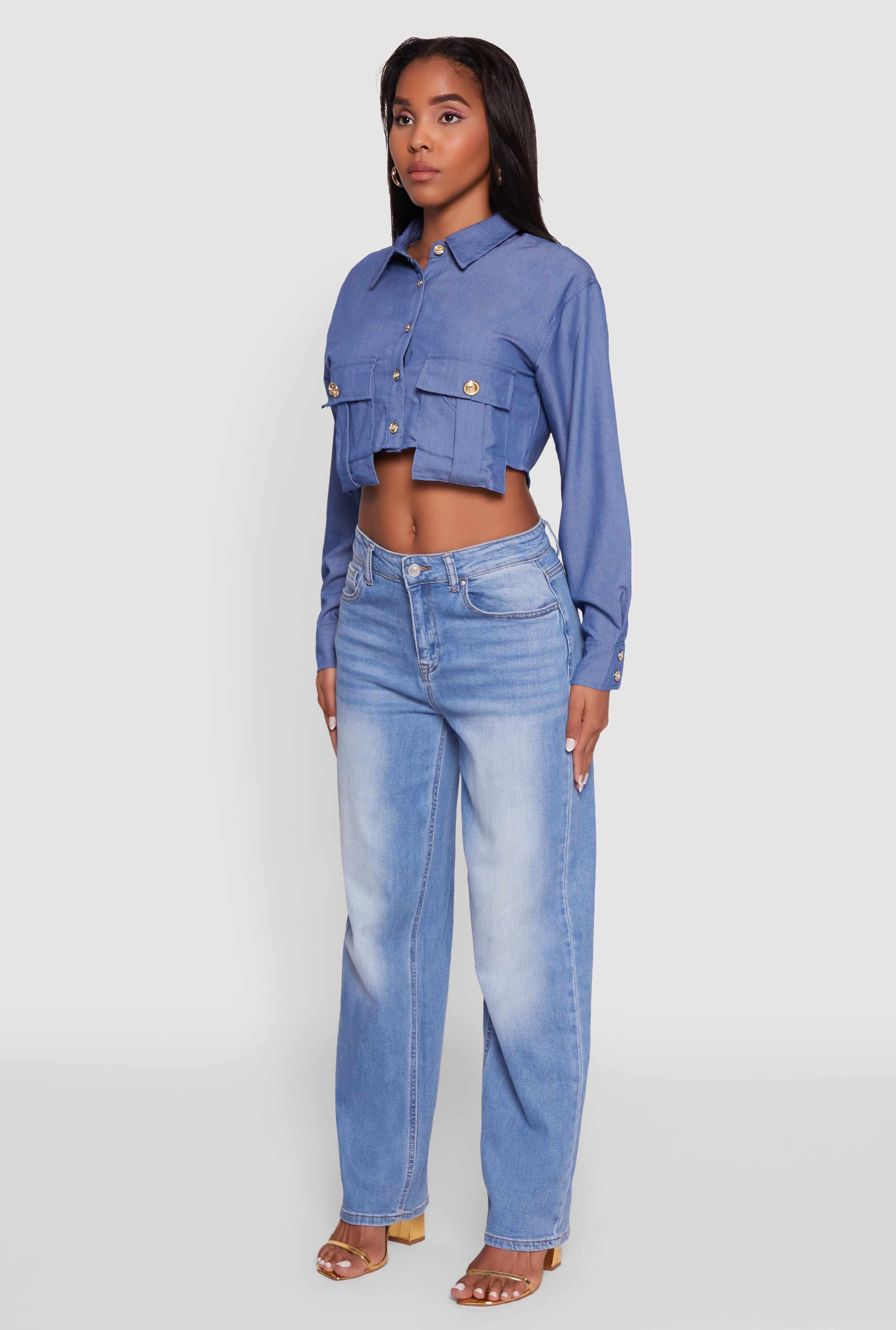 Classic Fit Long Sleeve Cropped Shirt with Flap Pocket