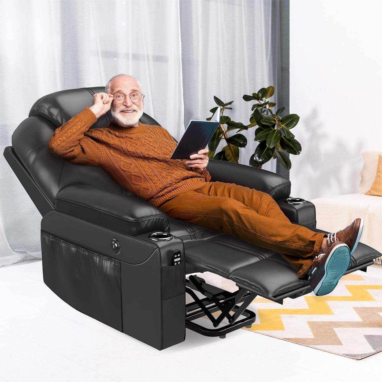 YONISEE Lar2ge Lift Chairs Recliner for Elderly - Power Fabric Lift Chair Modern with Massage and Heat, Extended Footrest, 3 Positions, 2 Side Pockets, and Cup Holders, USB Ports, Coffee Color