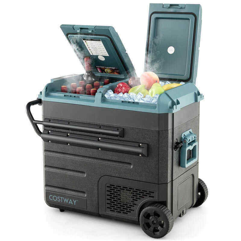 61 Quart Portable Car Refrigerator with Wheels 12/24V DC & 110-240V AC Dual-zone Electric Car Cooler Fridge for RV Camping Travel Home