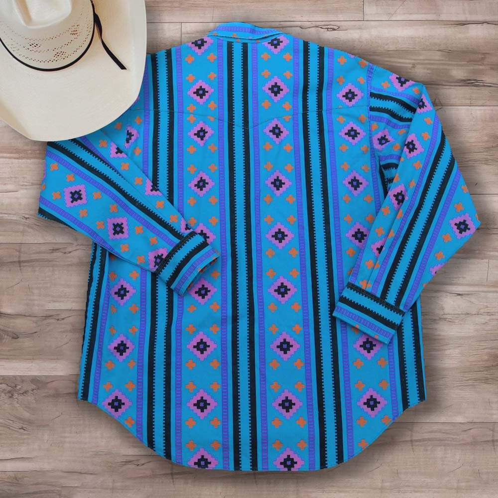 Men's Casual Western Blue Print Striped Shirt