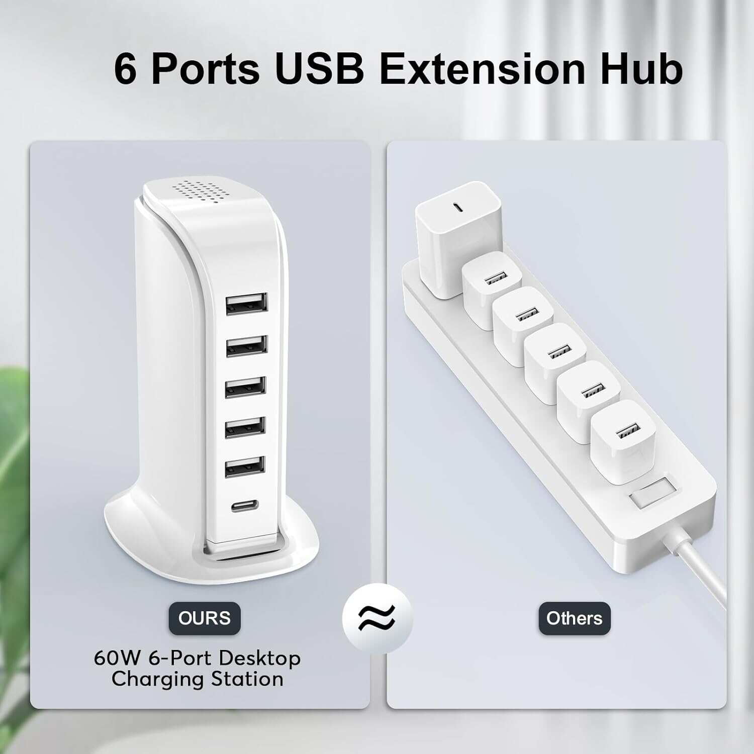 Charger Block 6 in 1 Upoy, 40W USB C Charger 3A, Charging Hub with 5 USB Ports(Shared 6A) for Multiple Electronics, USB Charging Station Multiports, Universal Desktop Phone Charger Travel Ready, Black