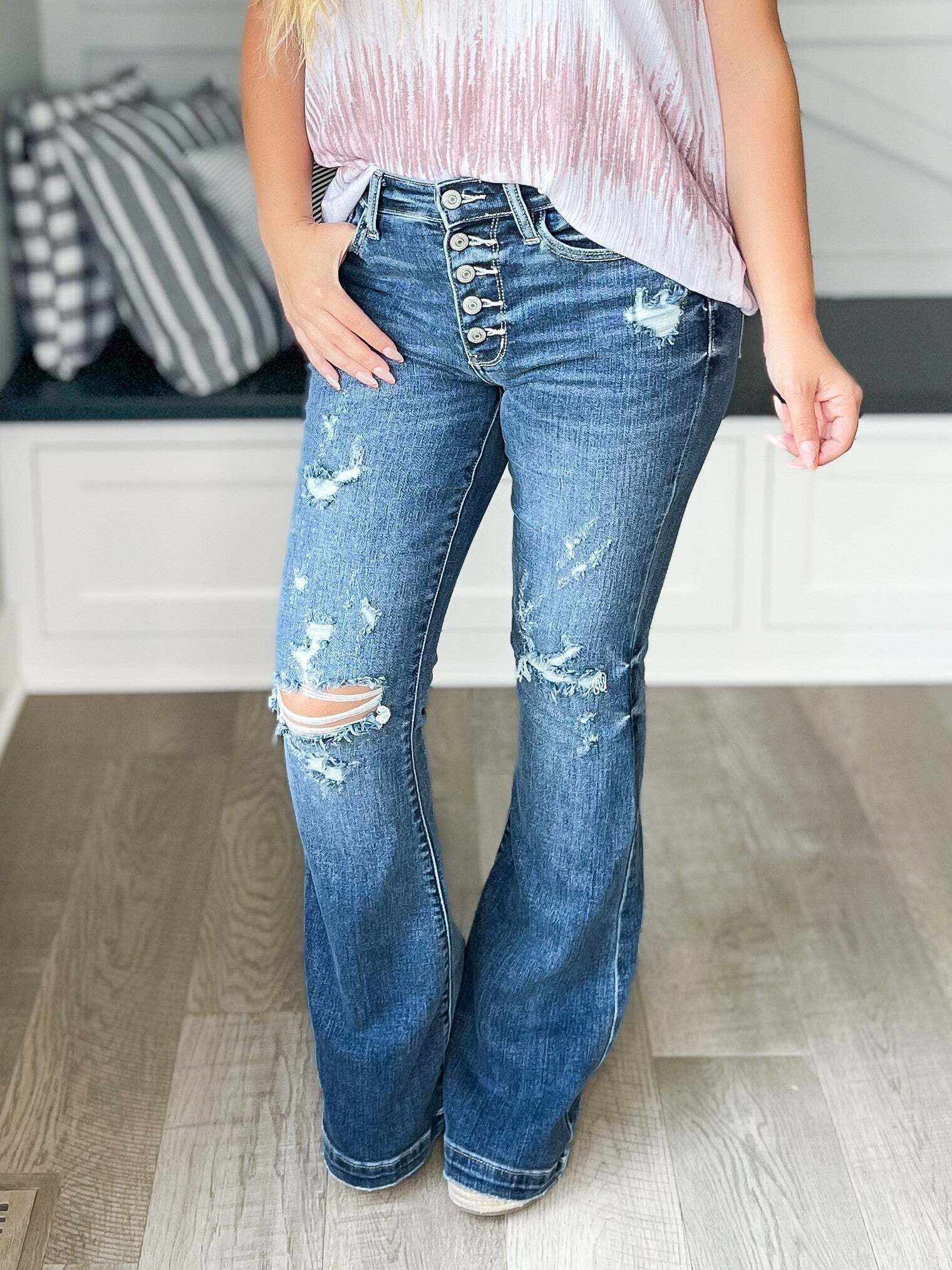 Long Weekend - Christmas Button Fly Trouser Flare Jeans- Final Sale