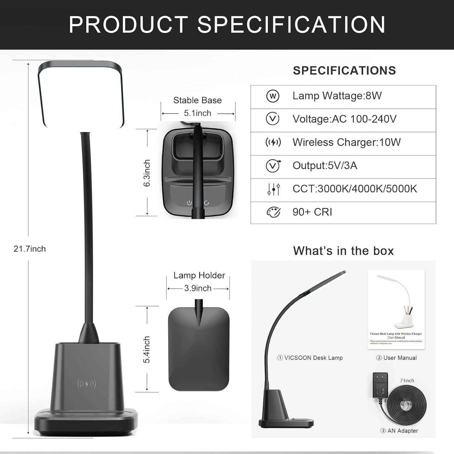 Desk Lamp with Wireless Charger, LED Desk Lamps for Home Office, 800 Lumens, Small Desk Lamp with Pen Holder, Flexible Arm, 3 Modes, Dimming, Touch Lamp for College Dorm Room