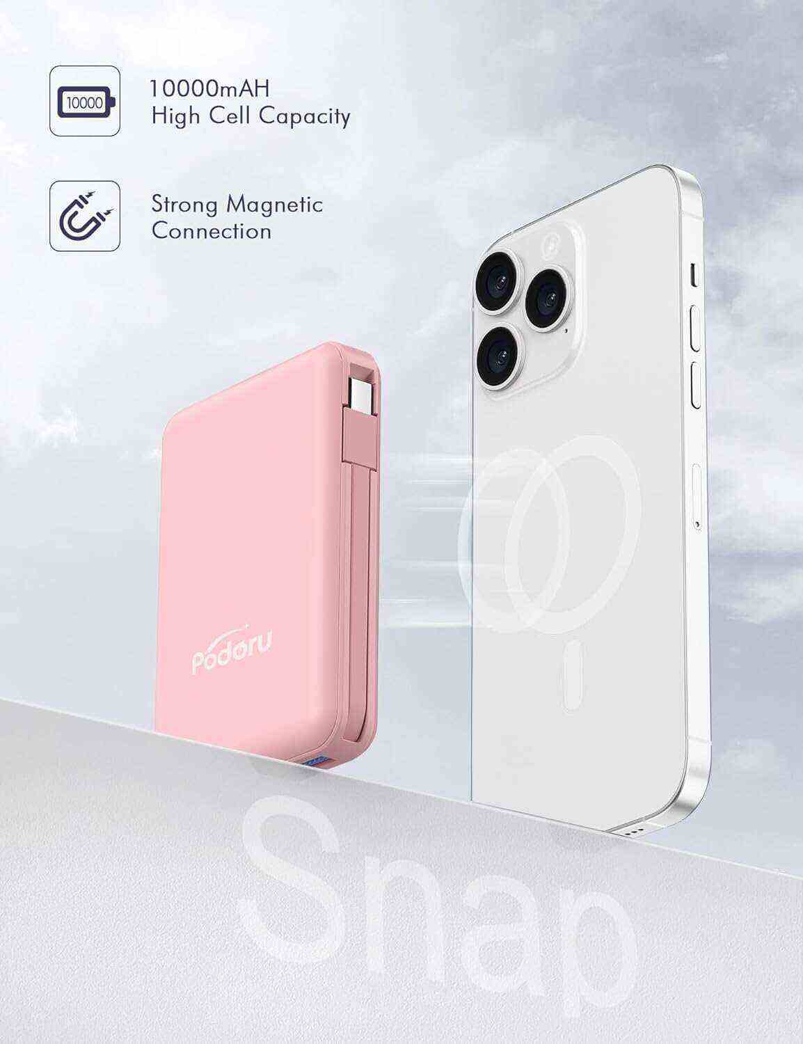 podoru Wireless Portable Charger, 10000mAh Magnetic Power Bank Built-in USB-C Lighting Cables 22.5W PD Fast Charging LED Display Mag-Safe Battery Pack for iPhone 15/14/13/12/Mini/Pro/Pro Max - White