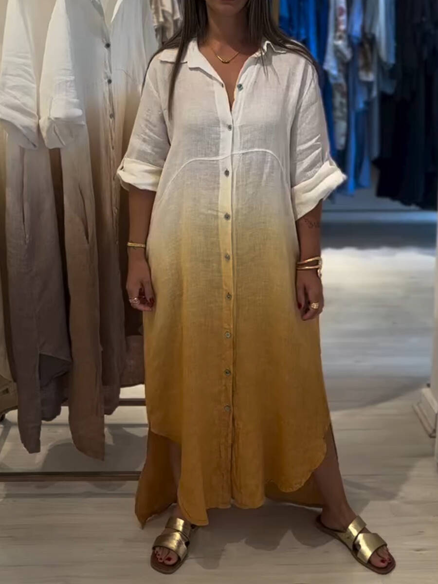 🔥Summer Arrivals🌟Casual Gradient Color Linen And Cotton Shirt Dress