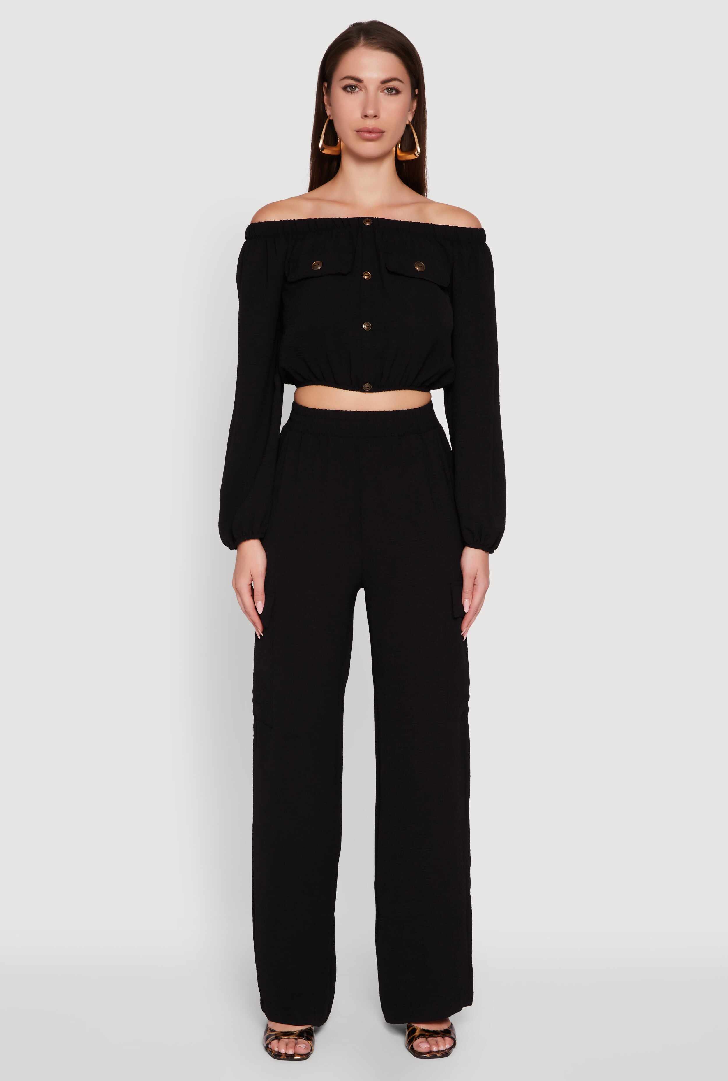 High Waisted Wide Leg Crepe Knit Cargo Dress Pants